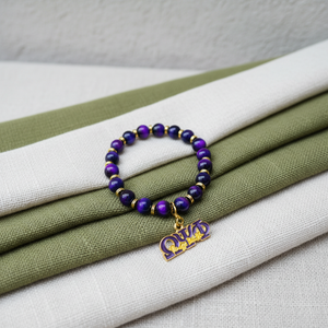 Braccialetto da uomo O Psi Phi con perline, braccialetto elastico con perline in vetro viola e oro, braccialetto con ciondolo. - Product Image 4