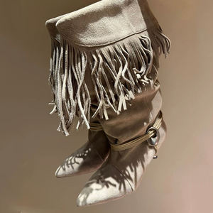 Stivaletti pieghettati Turn Over a pieghe tacchi <span class=keywords><strong>bassi</strong></span> da donna con frange di nappa scarpe stile retrò punta in Suede a punta stivaletti corti - Product Image 4