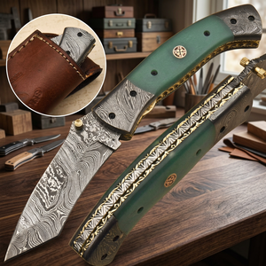 Custom DIY OEM High Quality Damascus Folding <b>Knife</b> with Hand Engraved Blade Camel <b>Bone</b> <b>Handle</b> Pocket <b>Knife</b> and Sheath - Product Image 2