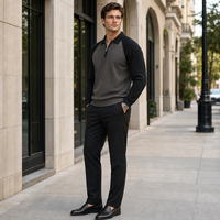 Pull ras du cou zippé pour homme en maille côtelée, coupe ajustée, manches longues, anti-plis, décontracté