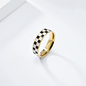 Fashion <b>Rings</b> <b>Black</b> White Checkered <b>Titanium</b> Steel Women's Square Geometric Design Gift Jewelry - Product Image 3