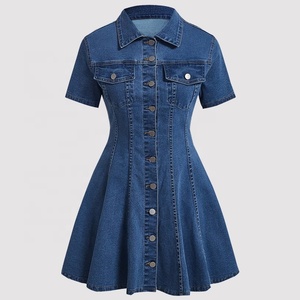 YUANBOFEI Women Denim Dress Women's <strong>Short</strong> Sleeve Button Down Jean Mini Dress Dark &amp; Light Wash Flare Casual Summer Dress - Product Image 2