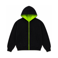 Sweat-shirt à capuche zippé pour homme, doublure vert fluo contrastant, style streetwear décontracté, manches longues, avec poche kangourou