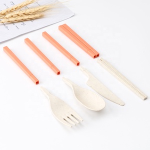 Couverts de blé ensemble cuillère pliante <span class=keywords><strong>fourchette</strong></span> <span class=keywords><strong>couteau</strong></span> et baguettes avec étui en paille de blé pour le camping - Product Image 4