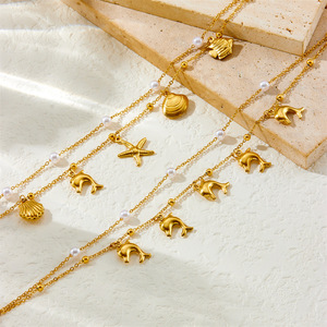 Summer Beach Ocean Double Chain Anklet Pearl Sea Creature Charm Jewelry Ladies Holiday Daily Stainless Steel Gold Anklet - Product Image 5