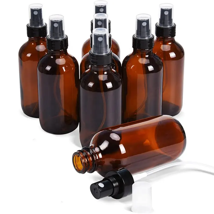 Fijne Nevel Sproeiers 4 Oz Amber Boston Ronde Glazen Flessen Lege Spray Verstuiver Voor Essentiële Oliën Aromatherapie Cosmetische Sprays