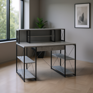 Scrivania da Ufficio con Mobiletto Superiore, Struttura in Metallo, Ripiani Aperti, Design Moderno per Spazi di Lavoro - Product Image 2