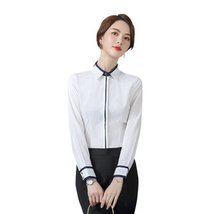 Women's White Long Sleeve Shirt With Concealed Buttons Contrast Color Work Blouse For Office And Service Industry - Product Image 5