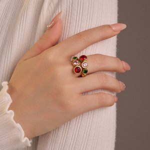 Anillos Abiertos de Circonita Redonda Colorida con Personalidad, Anillo de Compromiso y <span class=keywords><strong>Boda</strong></span> de Acero Inoxidable Chapado en Oro para Mujer - Product Image 2