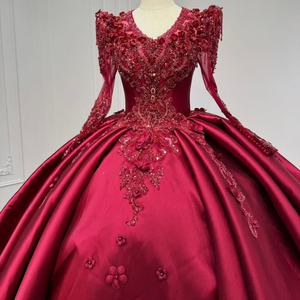 Vestido de Quinceañera Mc003 Rojo, Estilo Princesa, Satinado, Cola Larga, con Apliques de Flores 3D, para Chicas de 15 y 16 Años, Jancember - Product Image 2