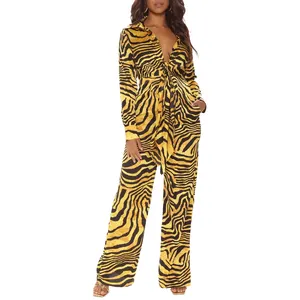 Fashion women v neck full sleeve long pant animal printing casual jumpsuit