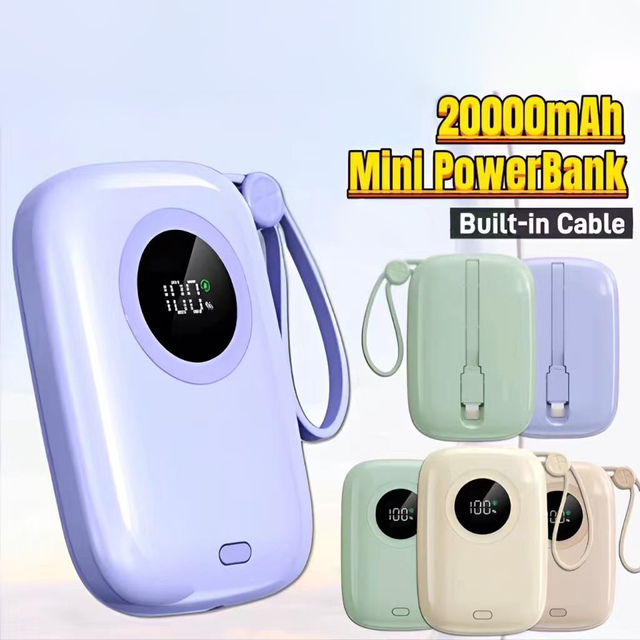 WM 2026 New Hot Gift Mini Ultra Slim LED Display Power Bank Portable 20000mAh 22.5W Fast Charging Type-C Built-in Cable OEM Logo