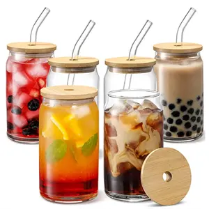 16oz 480ml Best Seller Clear Custom Logo Coffee Whiskey Soda Juice Can Glass Cup with Bamboo Lid and Straw