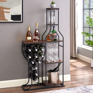 Scaffale Portabottiglie da 11 Bottiglie per Bar Domestico, Cucina, Sala da Pranzo, con Porta Bicchieri Sospeso, 5 Ripiani Autoportanti - Product Image 1