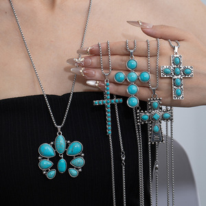 В западном стиле длинная цепочка бирюзовый камень крест очарование Кончо кулон ожерелье - Product Image 1