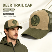 Casquette de chasse structurée en daim kaki avec patch circulaire en caoutchouc motif cerf et empiècement en maille vert olive pour la chasse, la faune et les activités de plein air