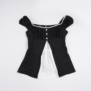 Haut en dentelle douce effet deux pièces pour femme – Blouse décontractée évasée à ourlet trapèze et blocs de couleur - Product Image 2