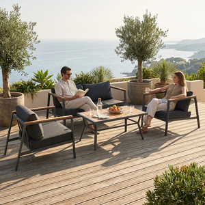 Ensemble <span class=keywords><strong>de</strong></span> canapé d'extérieur moderne 4 pièces avec structure en acier, accoudoirs en plastique imitation bois, table en plastique résistante aux intempéries, portable, pour <span class=keywords><strong>jardin</strong></span> et patio - Product Image 2