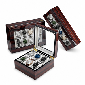 Espositore per 6-10 Orologi in Legno di Ebano con Logo Personalizzato, Coperchio in Vetro, Cuscini Rimovibili, Finitura Pianoforte, Scatola Portaoggetti in Velluto per Uomo - Product Image 1