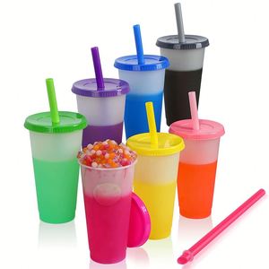 10 Pack 24oz <b>Reusable</b> Cold Iced Coffee Drink Water Tumblers Color Changing Plastic <b>Cups</b> with Lids and Straws - Product Image 4