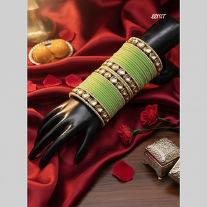 <b>Gold</b> Plated Kundan Stone and Pearls Velvet Fine <b>Bangles</b> <b>Set</b> - Product Image 3
