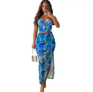Оптовая продажа, синий комплект из 2 предметов, Женская облегающая юбка с разрезом и топ с открытыми плечами, пляжные платья, женские платья