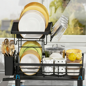 Égouttoir à vaisselle noir en acier à 2 niveaux multifonctionnel pour évier, avec rangement pour couverts, pour cuisine domestique - Product Image 5