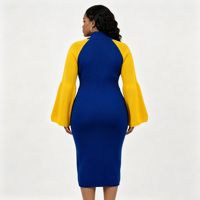 Robe pull midi moulante en maille pour femme, style universitaire, à blocs de couleur, manches longues raglan évasées, avec broderie personnalisée et logo appliqué