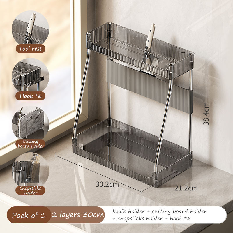 Grey 2 layers 30cm+6*hook+Knife chopsticks cutting board holder