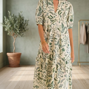 Robe midi décontractée pour femme, style soirée, en coton 100% blanc cassé à imprimé floral, avec broderie et taille naturelle - Product Image 3