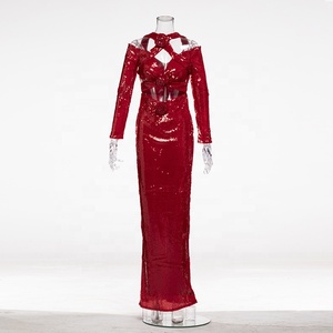 Usine de broderie faite à la main robes de soirée de haute qualité <span class=keywords><strong>dr</strong></span> robes de soirée de haute qualité <span class=keywords><strong>dr</strong></span> LF2036C robe de soirée rouge à paillettes entrecroisées licou robe à manches longues sirène fendue découpe épaule moulante coupe ajustée robe de soirée brillante robe de soirée à la mode robe de soirée tendance de la mode robes de soirée sur mesure - Product Image 3