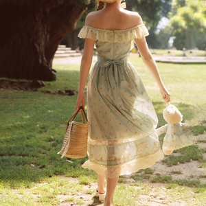 Abito Lungo da Donna Ispirato allo Stile <span class=keywords><strong>Lolita</strong></span>, Spalle Scoperte, Decorato con Pizzo, Stampa Floreale, Elegante, Estivo, con Orlo Arricciato, Vita Naturale e Bottoni - Product Image 3