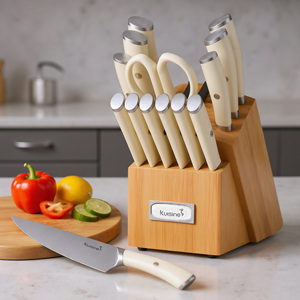 Set <span class=keywords><strong>di</strong></span> <span class=keywords><strong>Coltelli</strong></span> da Chef <span class=keywords><strong>Professionali</strong></span> Kuisine Nuovo Modello con Manico in ABS Bianco Avorio 15 Pezzi con <span class=keywords><strong>Ceppo</strong></span> in Legno Naturale - Product Image 1