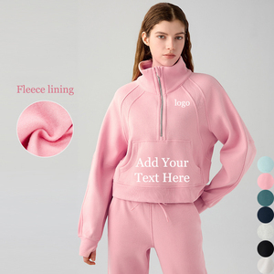 Sweat-shirt personnalisé pour femmes, pull-over en polaire, veste avec poche, streetwear de couleur unie, sweat-shirt sportif court à demi-fermeture éclair pour femmes - Product Image 1