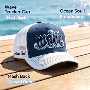 Nueva Gorra Trucker Casual para Exteriores con Bordado 3D <span class=keywords><strong>de</strong></span> Ondas, Visera Curva, Transpirable, Ajustable con Cierre a Presión, para Vacaciones en la Playa - Product Image 1