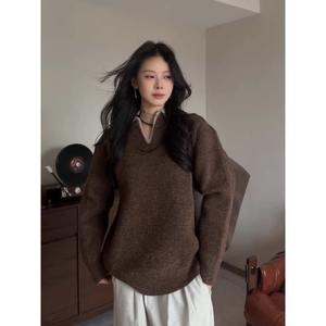 Old Money Style V-Neck Coffee Color Sweater for Men, Autumn Winter, Lazy and High-End Feel, Fake Two-Piece Knitted Shirt, - Product Image 3