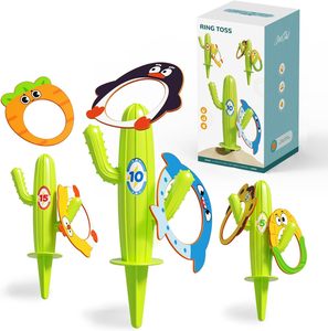 <span class=keywords><strong>Jeu</strong></span> de lancer d'anneaux 9 pièces (inclut 3 cactus et 6 anneaux de dessin animé) – Jouets de plage et de sable d'extérieur avec piquets de notation - Product Image 1