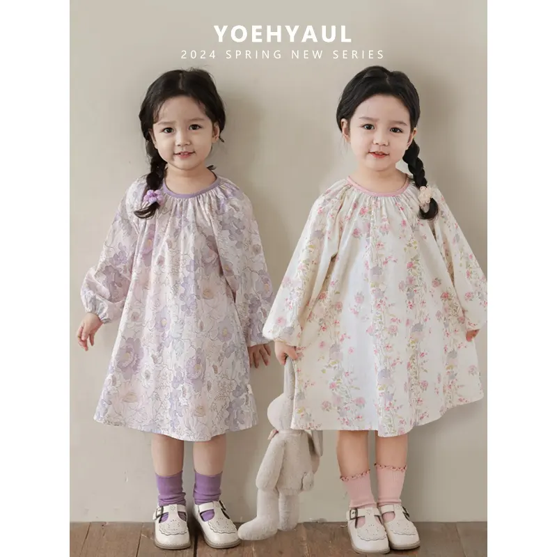YOEHYAUL韓国風キッズスウィートラブリー綿100% フラワーパターンドレス春の赤ちゃんの女の子のファッションドレス女の子のための2-3年