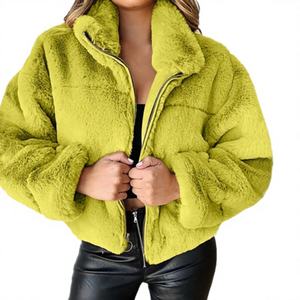 Manteau en laine pour femmes, automne-hiver, haut tendance, grande taille, fermeture éclair, bouton, polaire, uni, teinture unie, respirant, pelucheux, chaud - Product Image 2