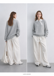 Sweat-shirt <span class=keywords><strong>polo</strong></span> rayé pour femme, manches longues, <span class=keywords><strong>col</strong></span> contrastant, coupe décontractée, fabrication sur mesure, marque privée, OEM, ODM - Product Image 4