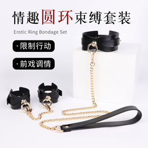 Ensemble de contraintes en cuir <span class=keywords><strong>BDSM</strong></span> <span class=keywords><strong>vintage</strong></span>-menottes et collier en plaqué or en cuir de vachette de qualité supérieure avec laisse détachable - Product Image 2