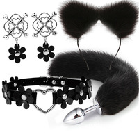 Ensemble BDSM : Plug Anal Métallique Longue Queue de Renard Colorée, Bandeau Cheveux Oreilles de Chat, Pince à Tétons, Jouet Sexuel, Ensemble de Plugs Anaux en Métal Queue de Lapin, Renard, Chat