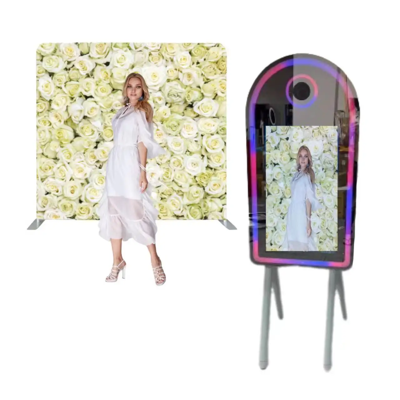 Cabina de fotos con espejo mágico para fiesta de boda, pantalla táctil de 32 pulgadas con mini impresora de ordenador, cámara DSLR, cabina de fotos ovalada