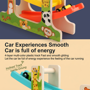 En stock en EE. UU. Pista de carreras de madera de 4 carriles con rampa, coches deslizantes y estacionamiento, juguete para niños pequeños y preescolares - Product Image 4
