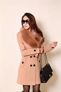 Manteau long d'hiver pour femmes, col en fausse <span class=keywords><strong>fourrure</strong></span>, double boutonnage, mélange de <span class=keywords><strong>laine</strong></span>, élégant, rouge, vêtements d'extérieur, OEM en gros - Product Image 4