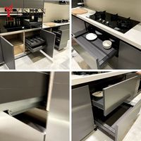 Meubles de cuisine en aluminium modernes avec unité automatique, ensemble de luxe complet avec îlot de rangement et garde-manger