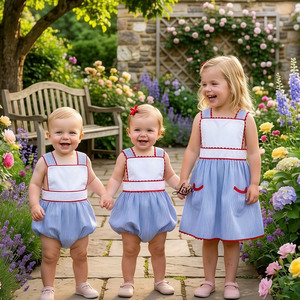 Tenues Assorties Frère Sœur : Barboteuse Classique Bleue Rayée et Robes Monogrammées pour Filles – Ensembles Vêtements d'Été pour Filles – 4 Juillet - Product Image 1