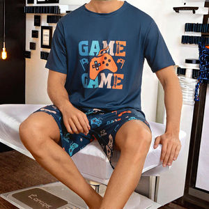 Pijama de Manga Corta para Hombre, Talla Grande, Otoño e Invierno, 150g, Algodón Tejido, Estampado Digital, Cuello Redondo, Ropa de Dormir Informal - Product Image 3