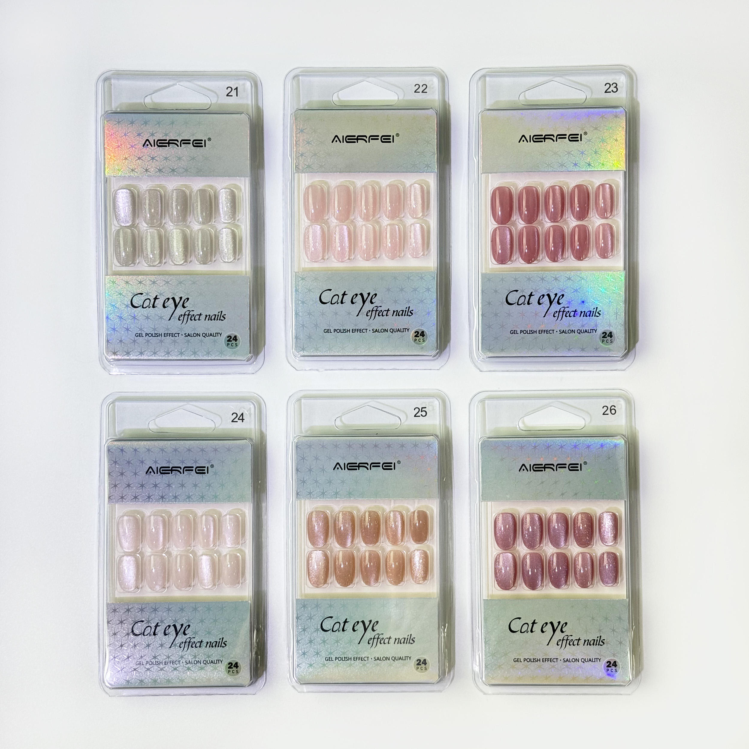 AIERFEI Wholesale High Quality Stunning Cat Eye Press on Nails Short Oval Woman False Nails Tips Nude Artificial Fingernails