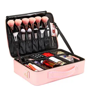 Organizer Makeup Kulit PU Portabel, Wadah Kosmetik Kereta Makeup dengan Partisi Yang Bisa Diatur untuk Makeup Kosmetik